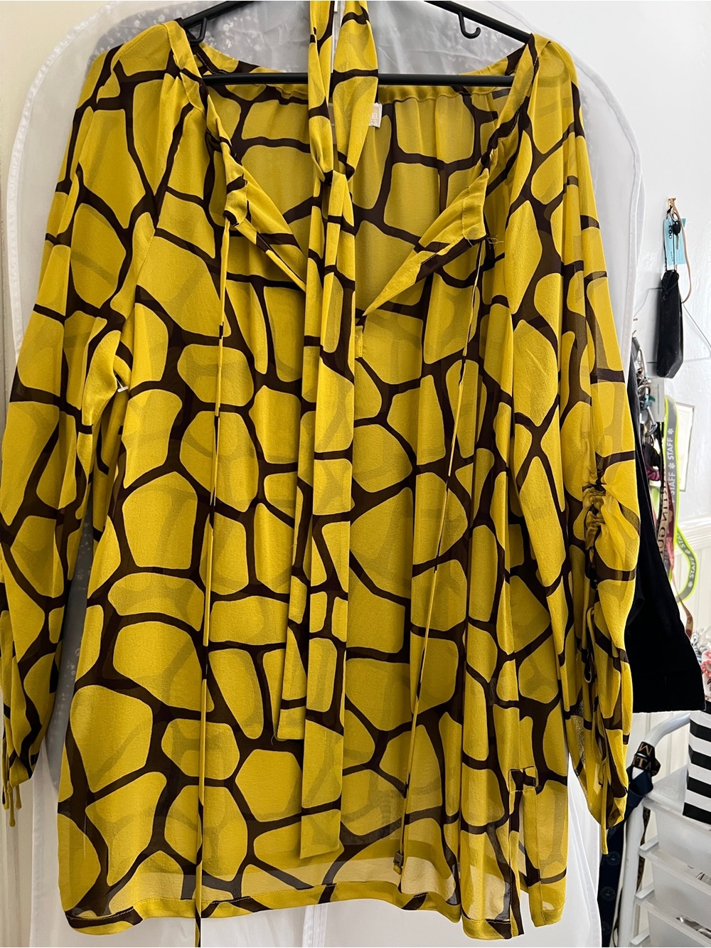 Michael Kors Yellow and Brown Abstract Tie-Neck Blouse